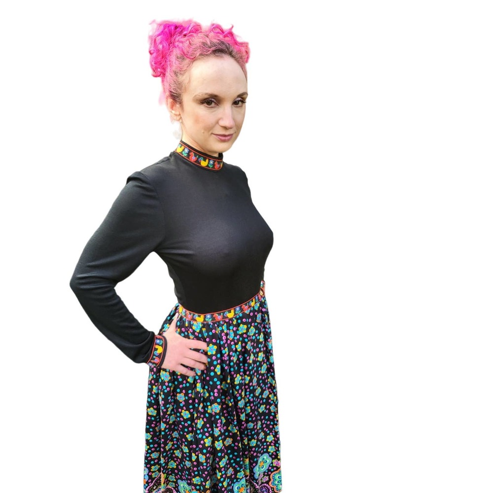Vintage 60s Multi-Colored Floral Day Glow Maxi Dress with Embroidered Trim